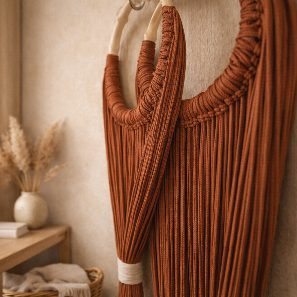 Halo 3’lü Duvar Dekoru – Doğal İp & Ahşap Halka (Tarçın Tonu)