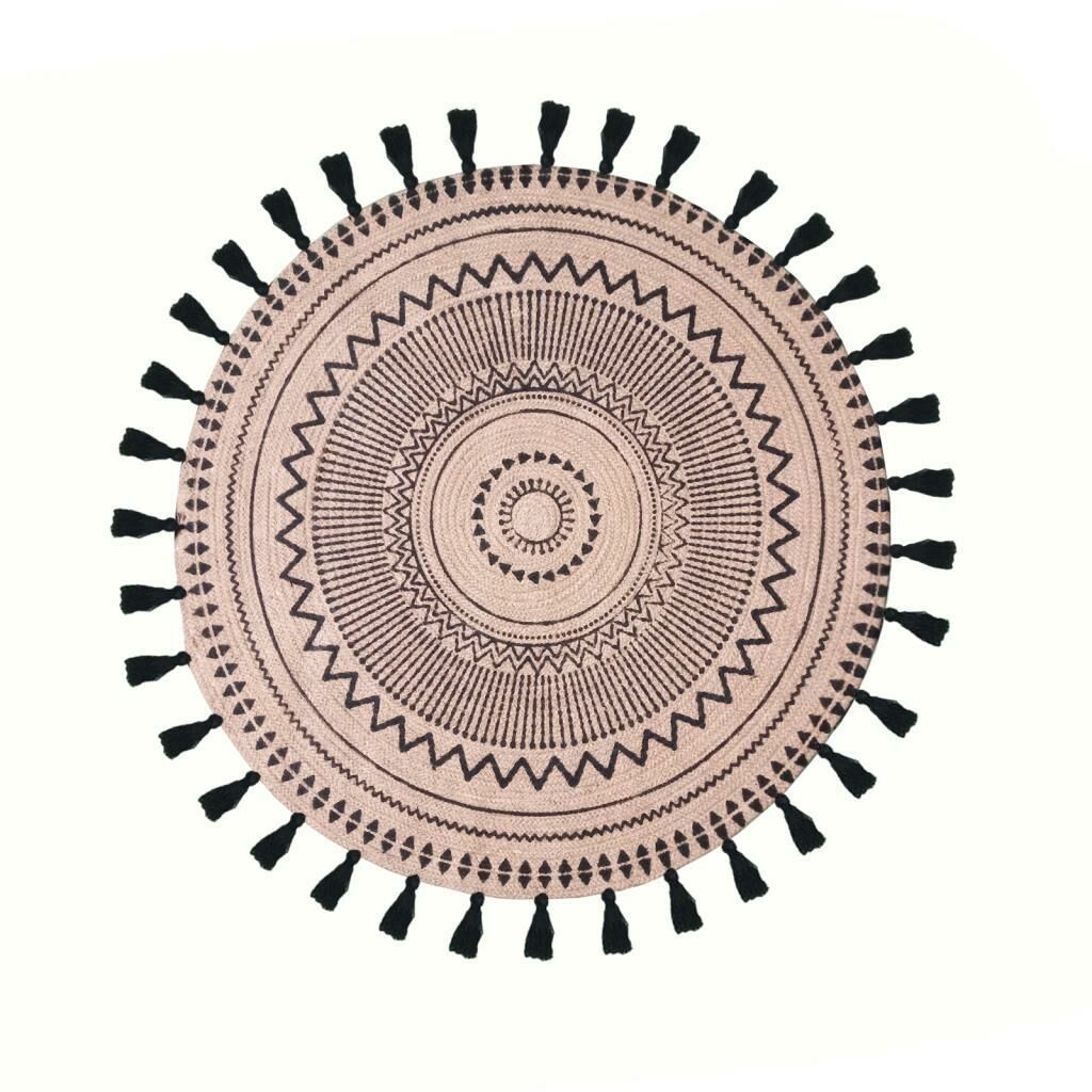 Natural Jüt Halı – 90×90 cm (Bohem Siyah Püsküllü)