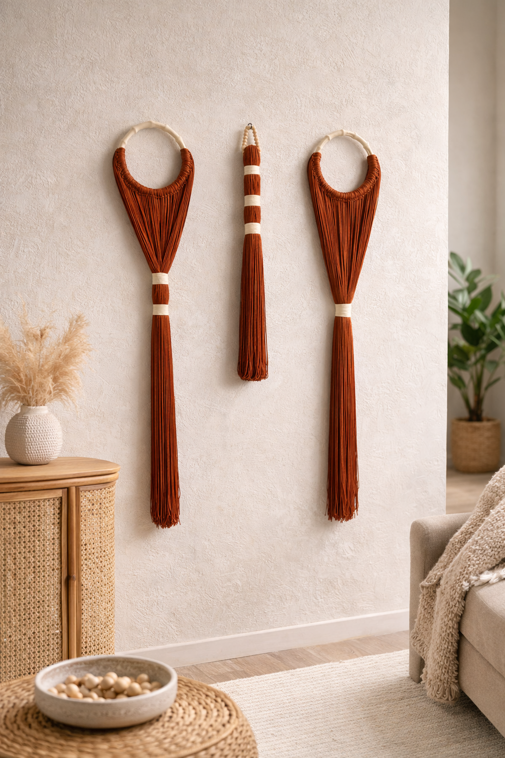 Halo 3’lü Duvar Dekoru – Doğal İp & Ahşap Halka (Tarçın Tonu)